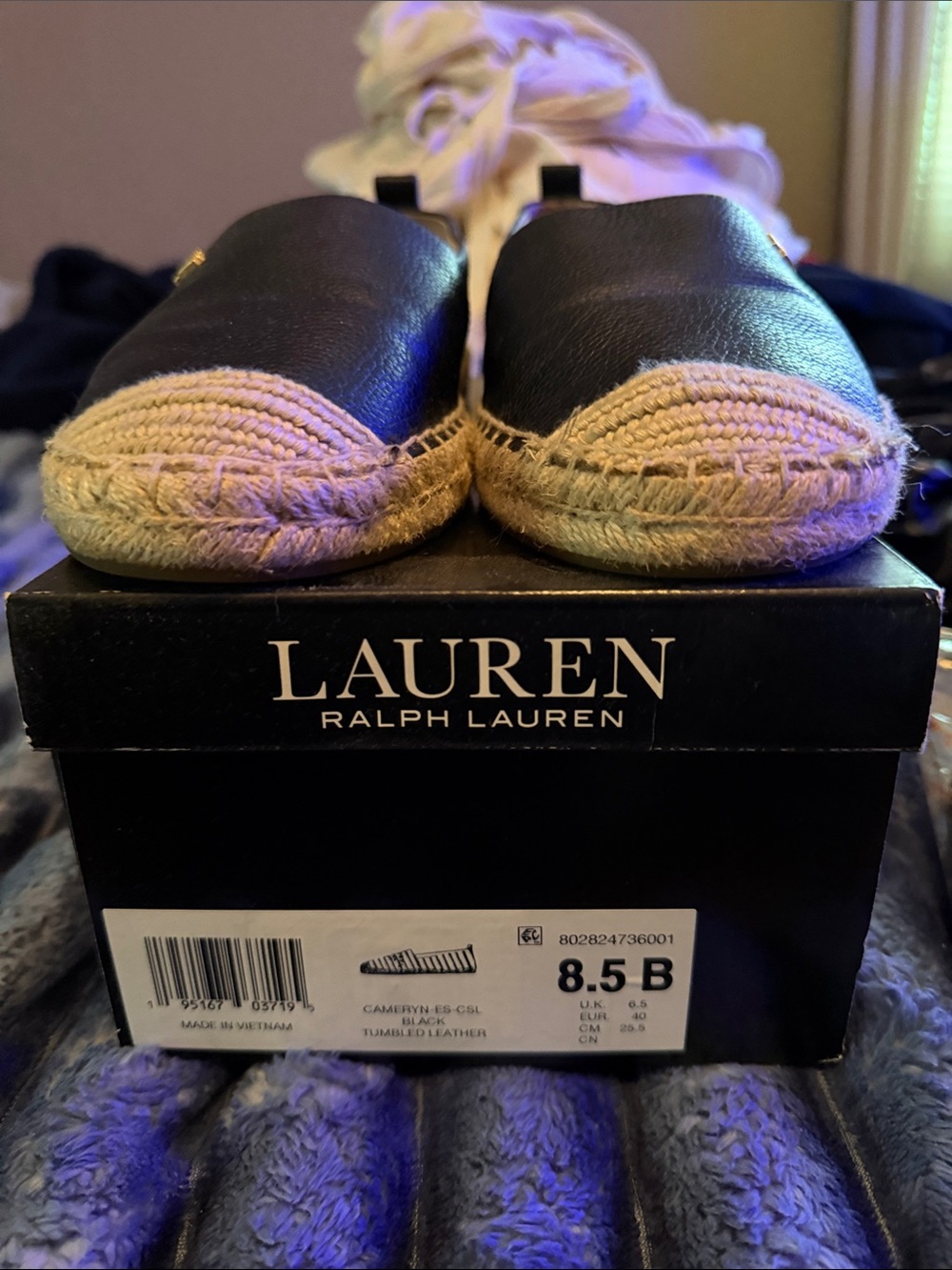 Lauren Ralph Lauren Black Leather Espadrille Slip-Ons with Jute Trim